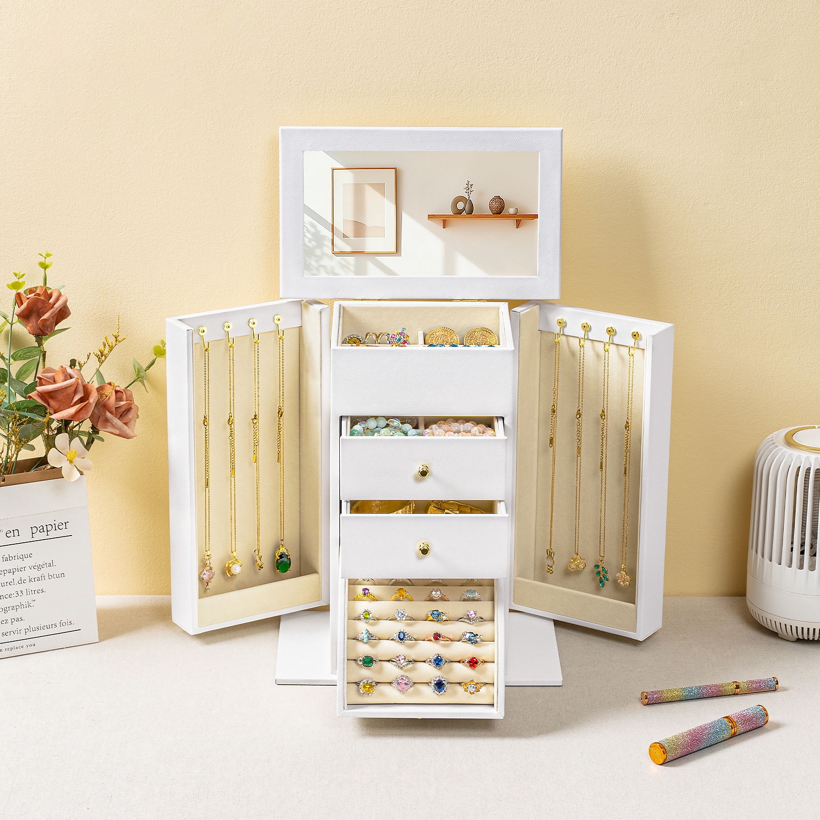 Sfugno Jewelry Box, 4 Layer Leather Jewelry Boxes for Women, Jewelry Organizer Box Display for Rings Earrings Necklaces Bracelets,White