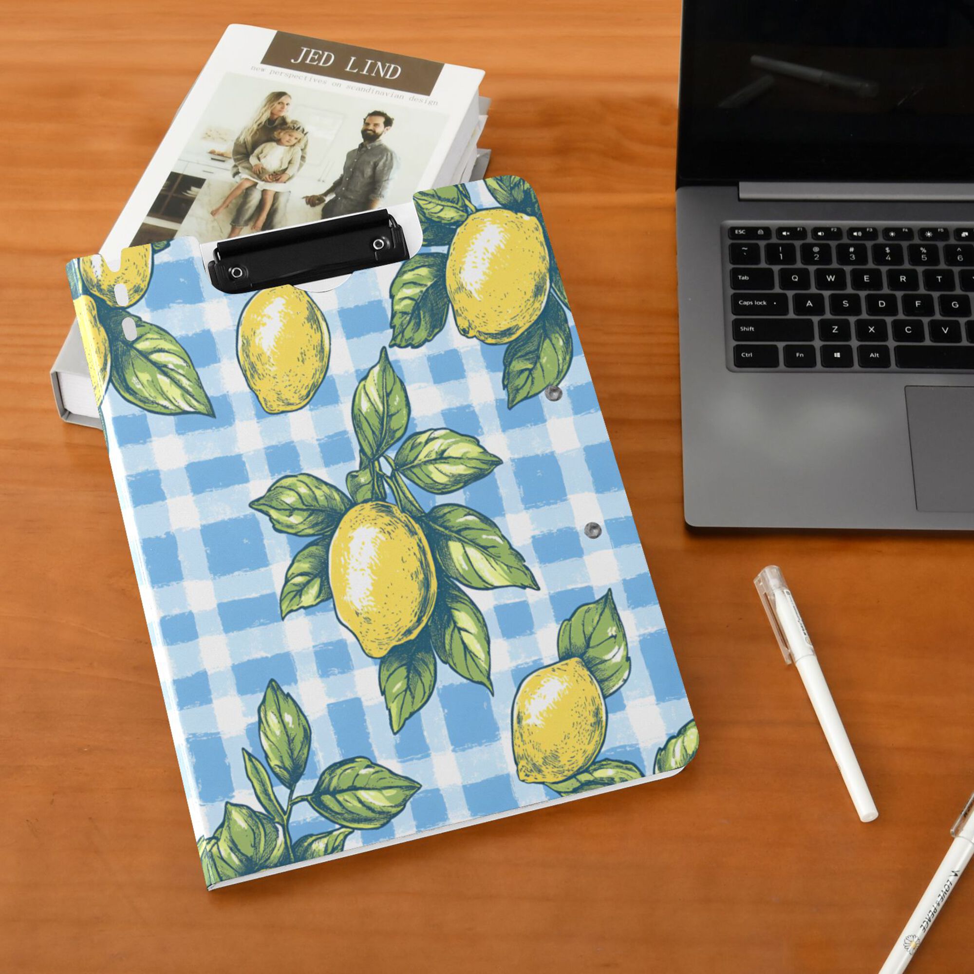 FORMRS A4 Clipboard Folder with Pen Holder Horizontal Foldable School Office Binder, Cartoon Plaid Lemon