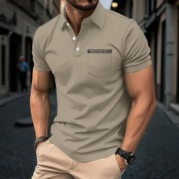 Fnnxeal Mens Business Casual Polo Shirt Slim Fit Moisture Wicking 100% Polyester Breathable Short Sleeve with Pocket Wrinkle Free Khaki,Size L