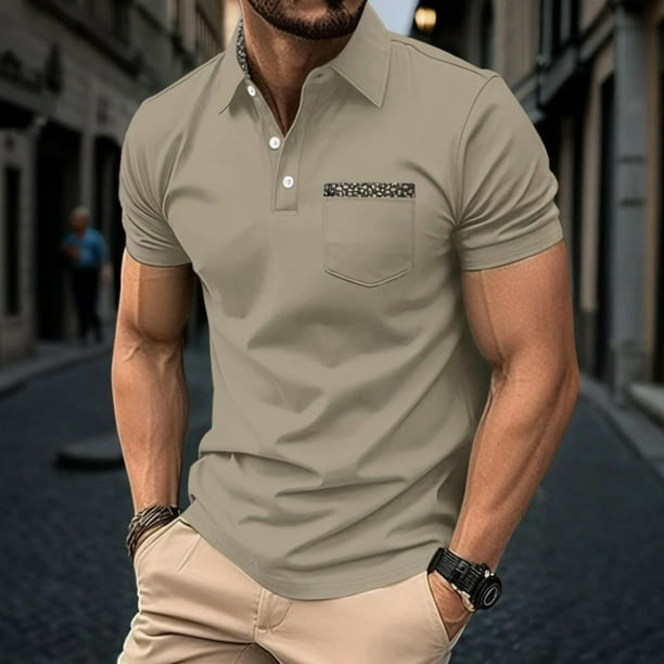 Blusa y camisa de manga corta con cuello vuelto y bloques de color para hombre Camiseta de manga corta con cuello abotonado para hombre