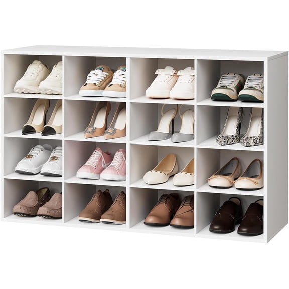 Shoe Storage Bench, Cubby Shoe Rack with 16 Cubbies, 4-Tier Wood Shoe Rack Organizer, Shoe Organizer Cabinet for Entryway, Hallway, Closet and Garage, White