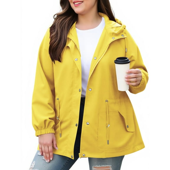 OKSALE Plus Size Rain Jackets Women Waterproof Windbreaker with Hood Button Up Lined Raincoat Solid Color Jacket Active Outdoor Traveling Clothing for Hiking Camping Climbing