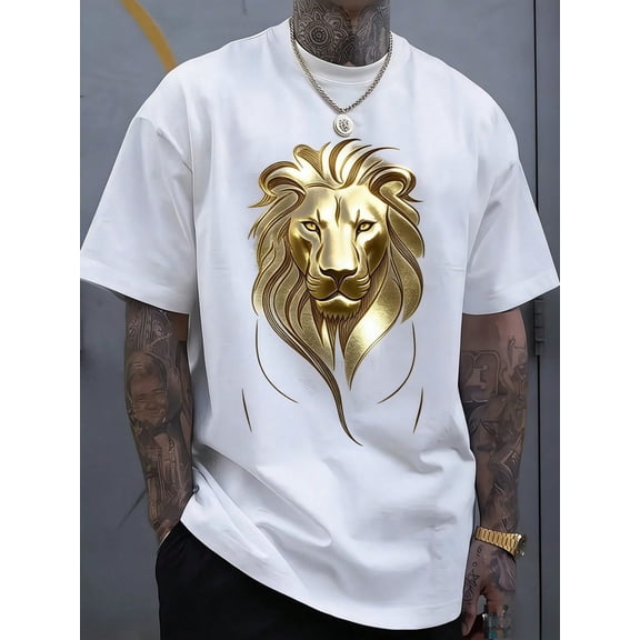 Lion Print T-Shirt, Plus Size Men's T-Shirt, Simple Graphic T-Shirt, Casual And Versatile
