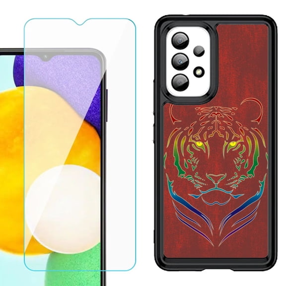 Shockproof Bumper (Black Frame) phone Case for Samsung Galaxy A23 5G, with Tempered Glass Screen Protector, by OneToughShield ® - Night Tiger