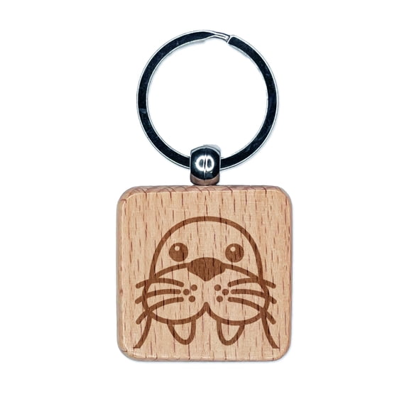 Peeking Walrus Square Keychain Charm Tag - Engraved Wood