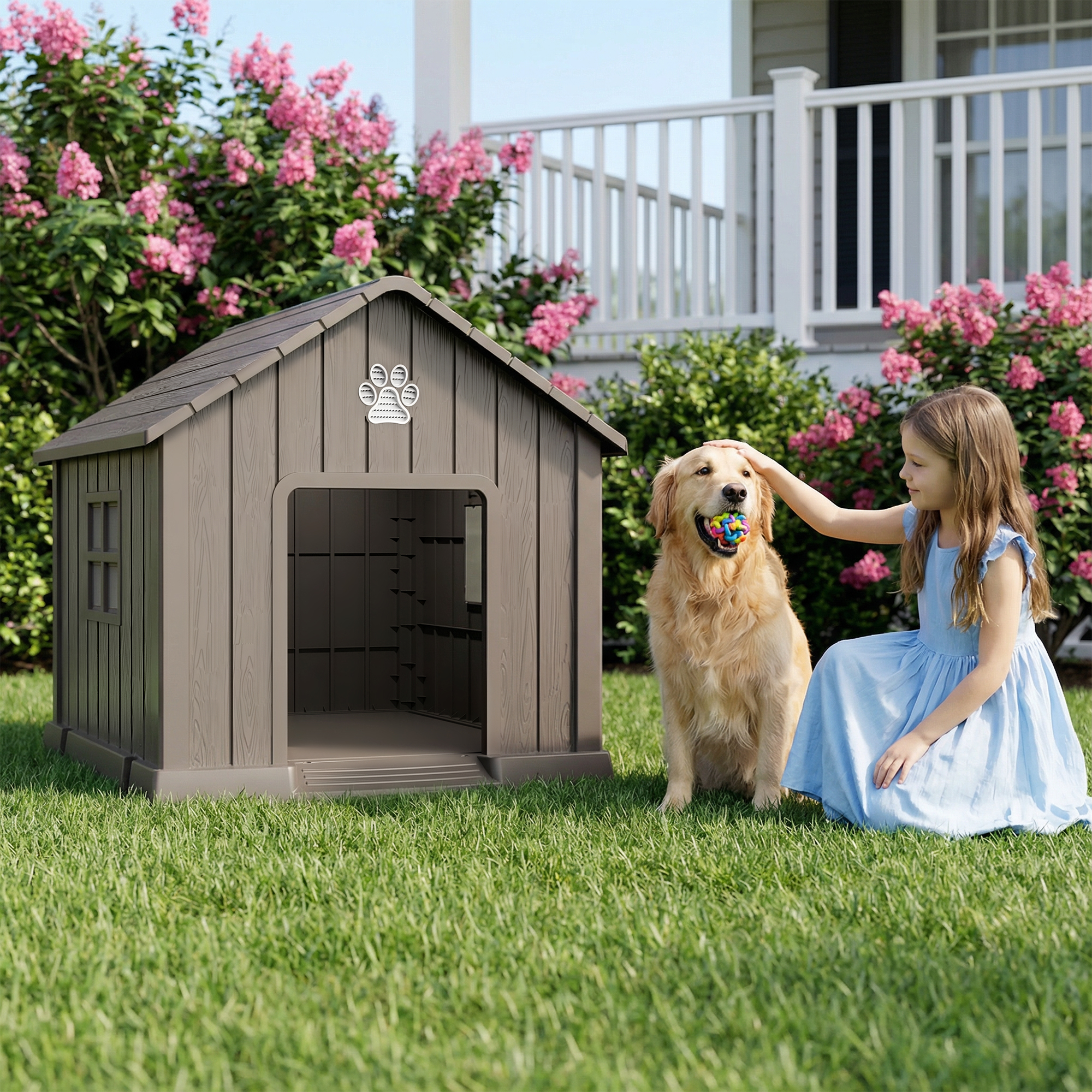 MAYEERTY All-Weather Outdoor Dog House, UV-Protected Pet Shelter for Garden Retreat, Brown