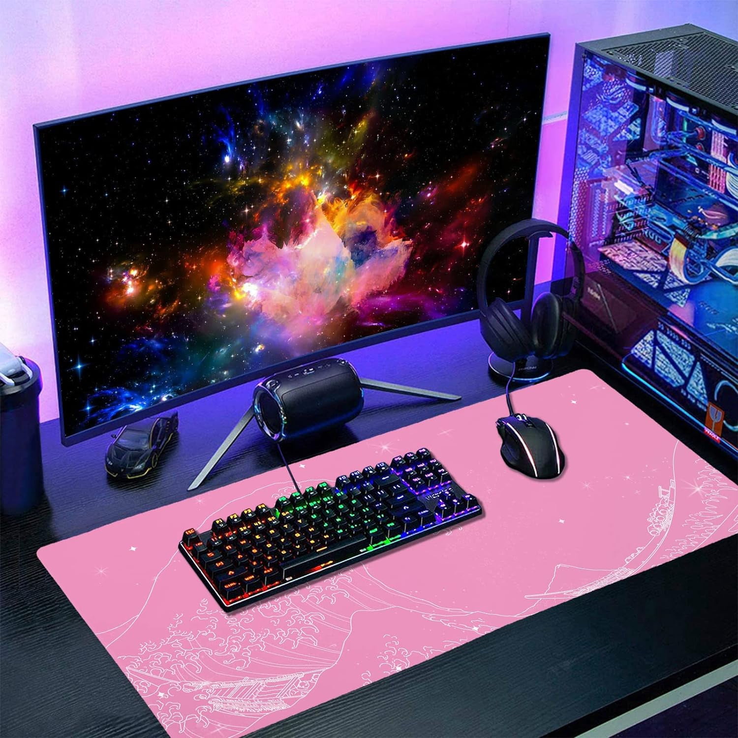 Pink Japanese Anime Gaming Mouse Pad XXL Cute Kawaii Wave Moon Extended Large Desk Mat Big Mousepad Non-Slip Rubber Base Stitched Edge Long Mousepad for Desktop Office PC Computer, 35.4 x 15.7 inches