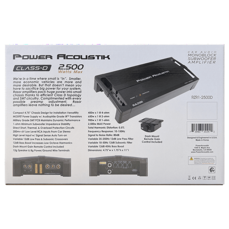 Power Acoustik RZR1-2500D Razor Series Subwoofer 1-Channel Car Amp