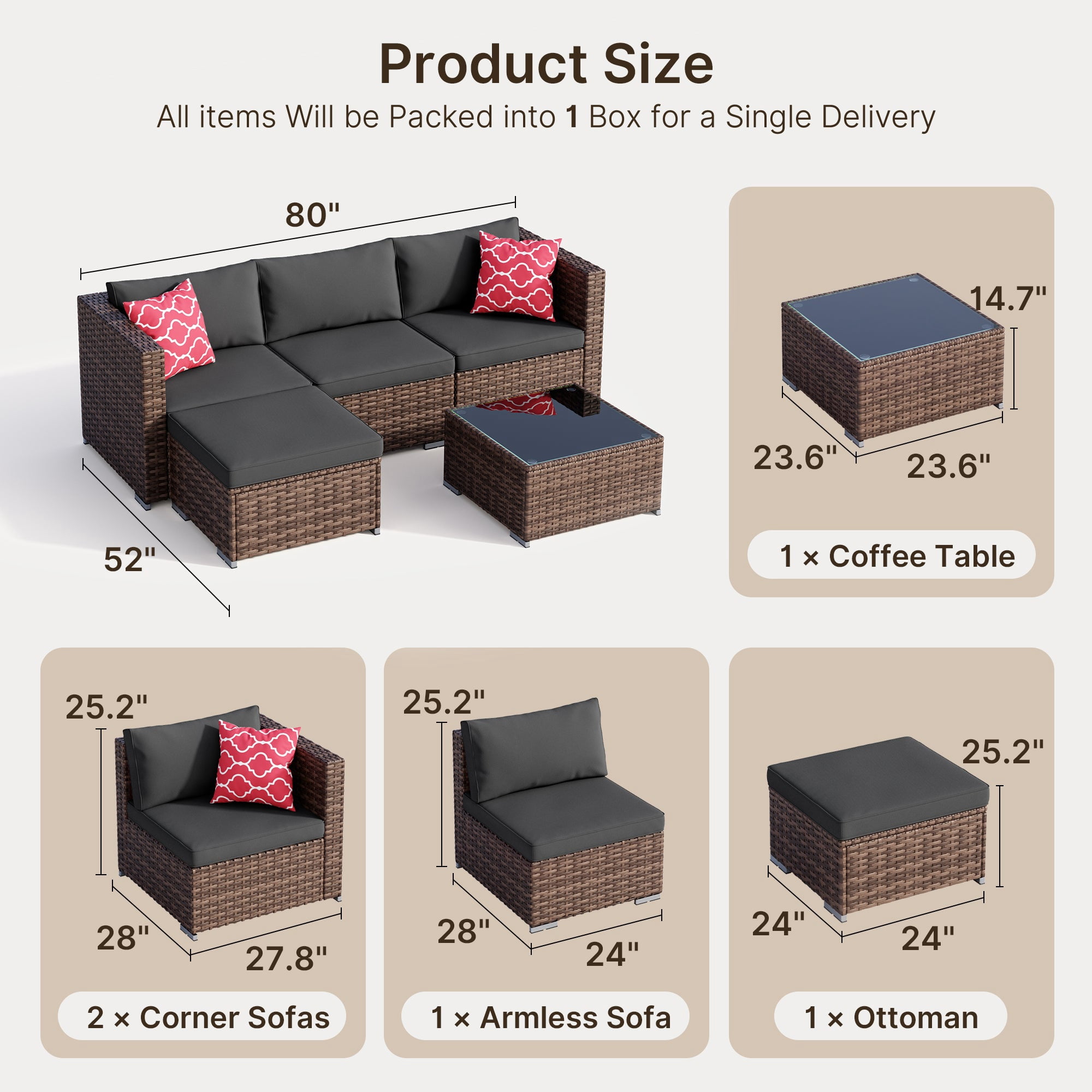 5 PCS Wicker Patio Furniture Set, PE Rattan Outdoor Sectional Sofa with Beige Cushions and Glass Coffee Table, for Backyard, Porch, Poolside & Garden - Brown Rattan, Black Cushion