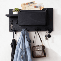 Wall Mounted Key and Mail Holder with Shelf– Rustic Wooden Key Rack Organizer with 6 Hooks for Entryway, Hallway, and Home Decor