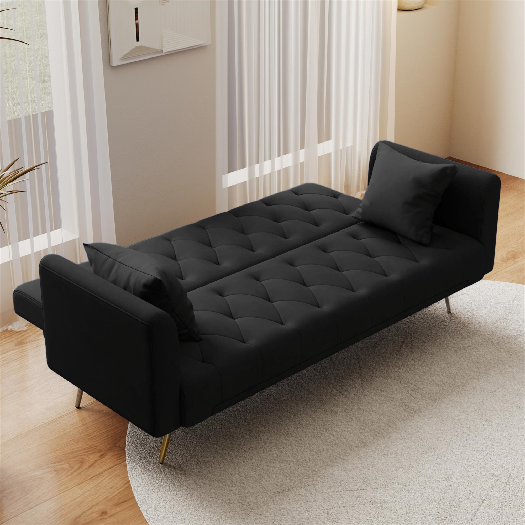 Aukfa Curved Arm Futon Convertible Sofa Bed for Home Office, 2 Pillows, Tufted Back, Velvet, Black