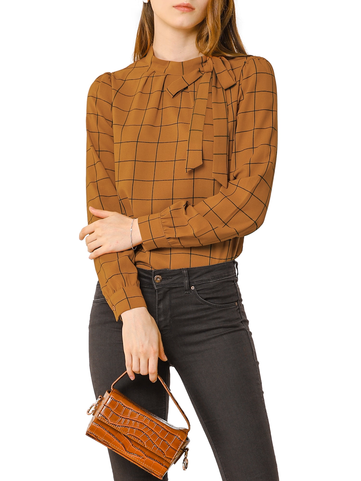 DARING DIVA Bow-Tie Neck Office Work Checks Shirt Top XL Brown