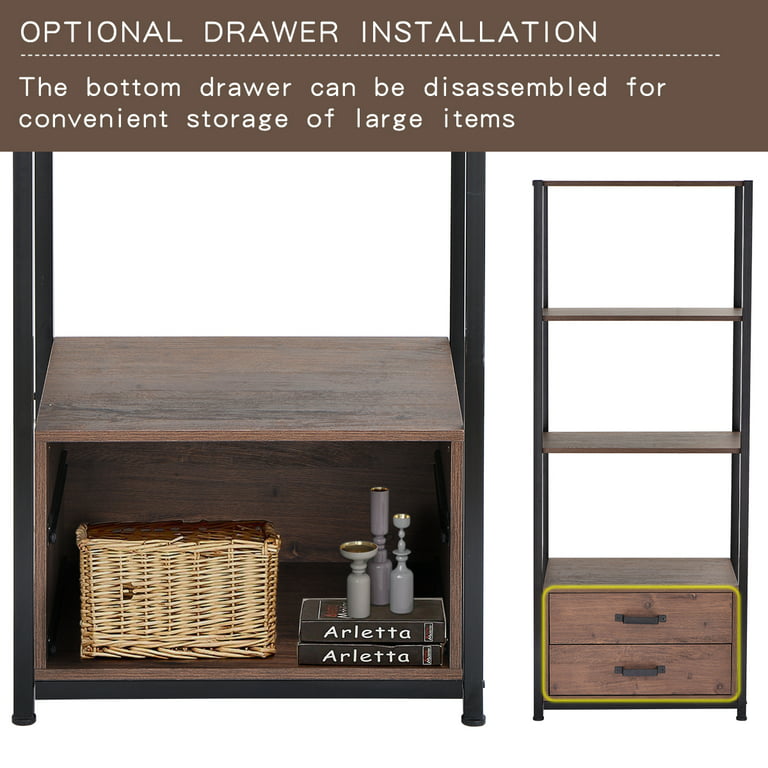 Urhomepro 4-Tier Bookshelf with Storage Drawers, Simple Industrial Bookcase Storage Organizer, Free Standing Shelf Unit with 4 Open Storage Shelves