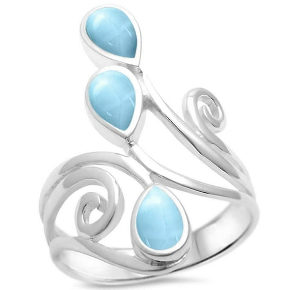 Pear Natural Larimar Wrap Around Spiral Ring Sterling Silver Size 7