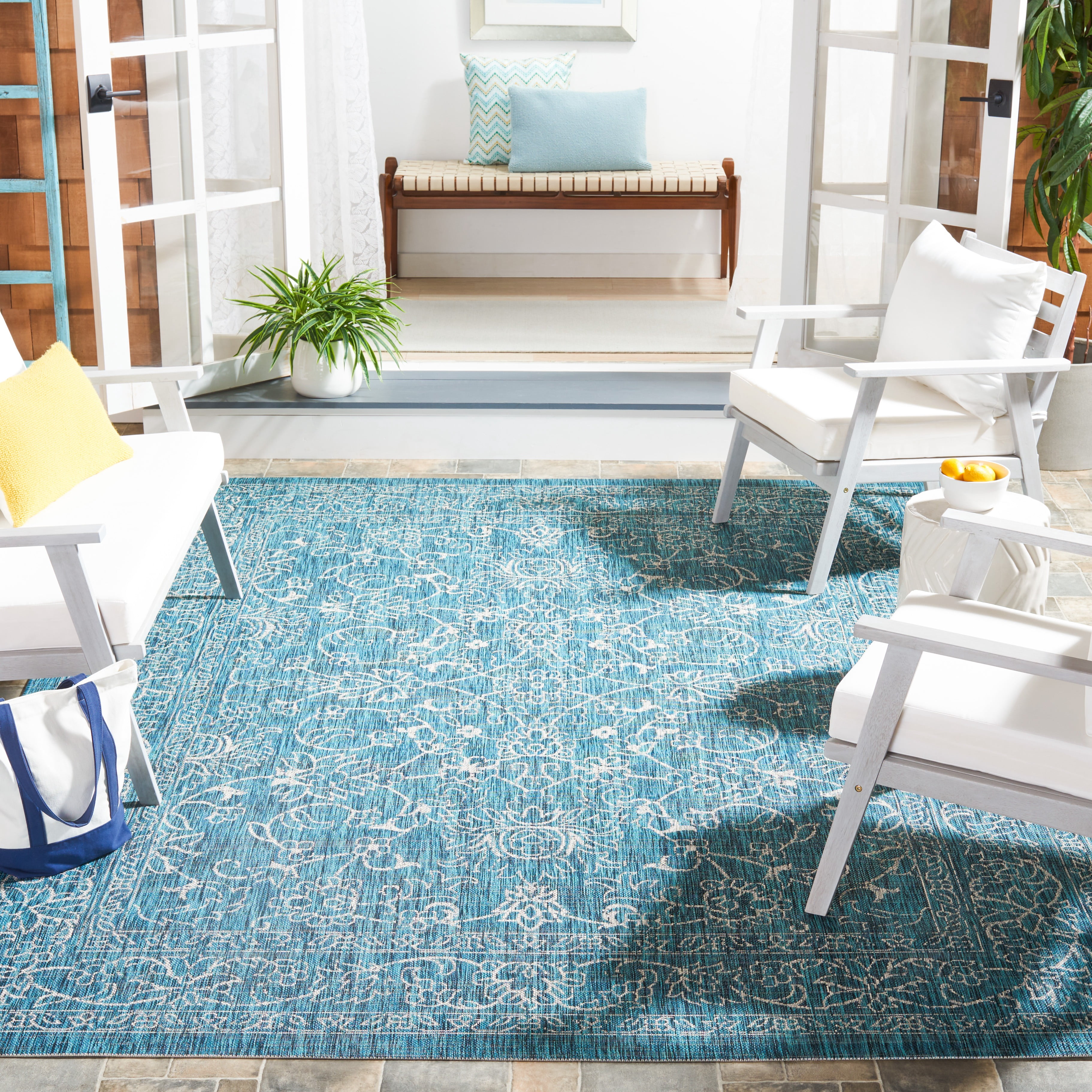 SAFAVIEH Courtyard Darin Botanical Indoor/Outdoor Area Rug, Turquoise, 9' x 9' Square