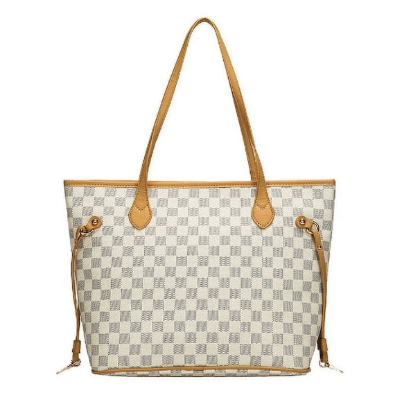 SNNROO Womens Checkered Tote Shoulder Bag PU Vegan Leather Shoulder Satchel Fashion Bags (White)