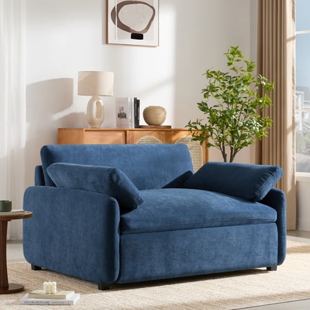 Harper & Bright Designs Oversized Chenille Single Sofa Chair, Accent Chair with Wide and Deep Seat, Upholstered Comfy Armchair with Pillows for Living Room, Blue