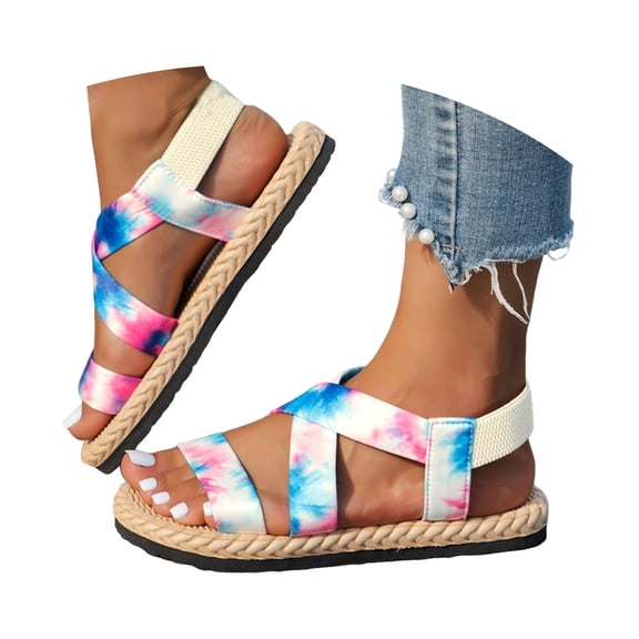 Yuanlong Womens Sandals Flat Beach Sandals Printed Crisscross Strap Slingback Breathable Hollow Daily Leisure Shoes
