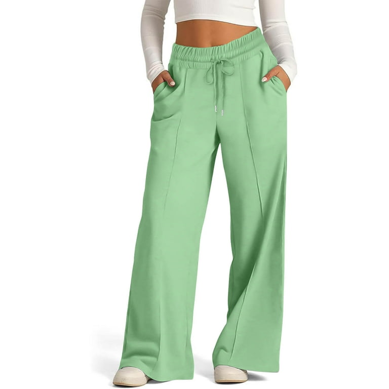 AKOEE Cotton Wide Leg Pants for Women Elastic Waisted Solid Loose Drawstring Joggers Sweatpants with Pockets Large Green