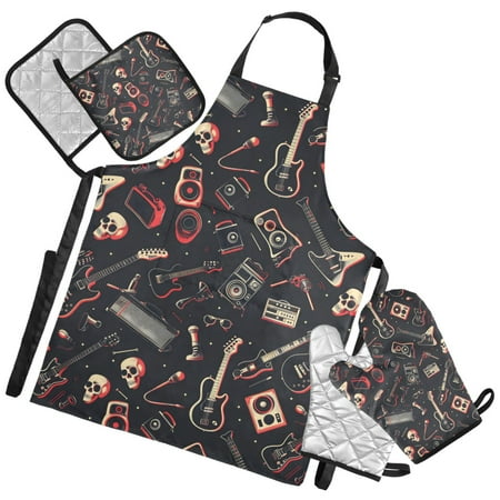 Ryvnso Guitar Skull Player Kitchen Apron Oven Mitts Set Pot Holders