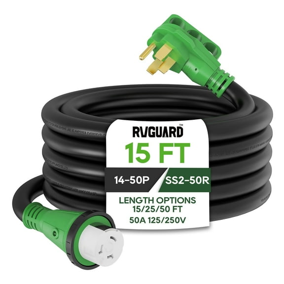 RVGUARD 50 Amp 15 Foot RV Power Cord, 14-50P to SS2-50R Generator Extension Cord, Heavy Duty STW Cord with LED Power Indicator and Cord Organizer, Green, ETL Listed