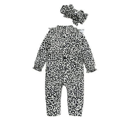 

Sunisery Newborn Infant Baby Girls 2Pcs Fall Outfits Long Sleeve Leopard Ruffle Romper with Headband Set Black White 6-12 Months
