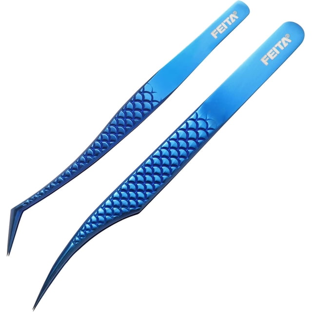 FEITA Diamond Grip Eyelash Extensions Tweezer Lash Precision Tweezers, Japanese Steel Dolphin-shaped & Angled Tip, False Lashes Application Tools, Blue 2Pcs