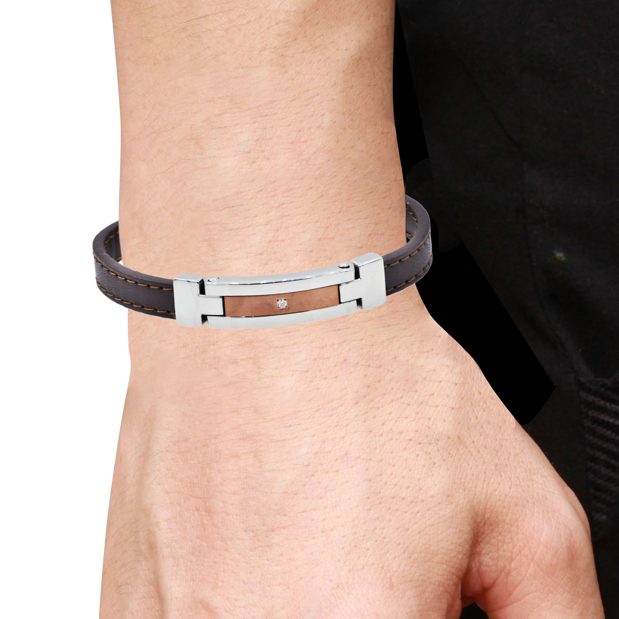 Arista Cubic Zirconia Diamonds Men's Bracelet in Brown And Black Leather Stainless Steel, 8.5"