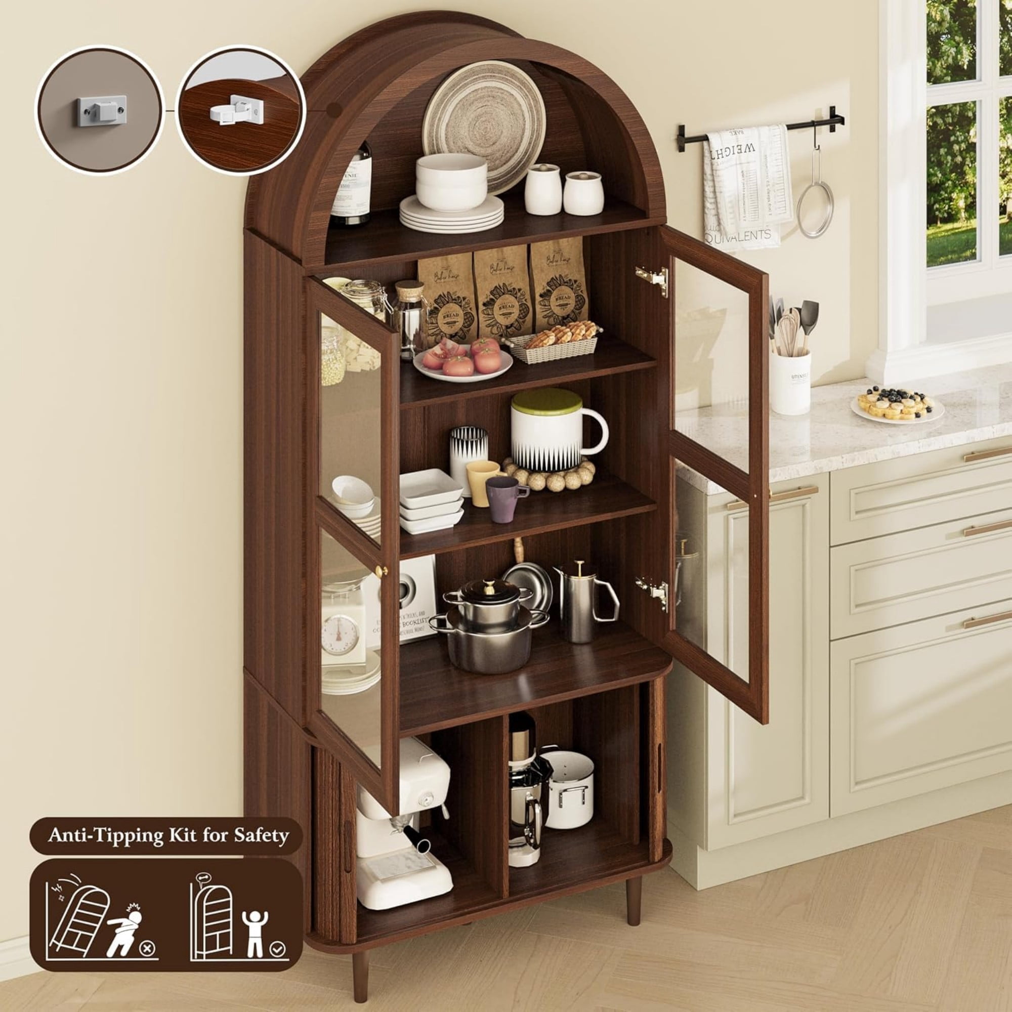 71 Inch Arched Cabinet with Glass Sliding Doors, Fluted Tall Pantry Cabinet with Adjustable Shelves, Walnut