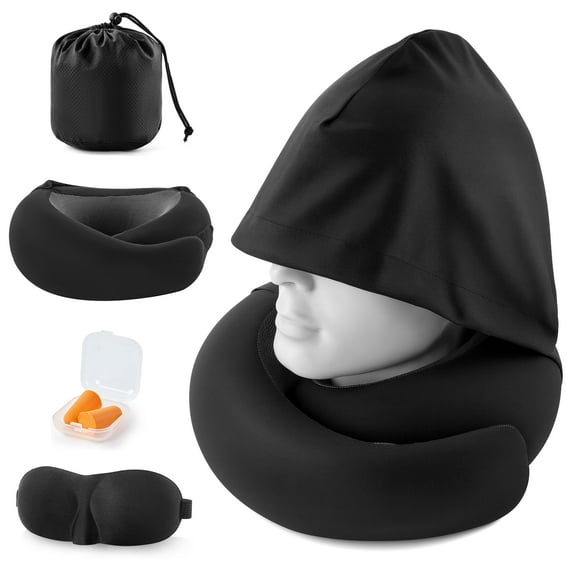 MOONORAH Hooded Travel Pillow with 360° Neck Support - Memory Foam Pillow for Airplane & Long Flights, Portable Bag & Machine Washable (Black)
