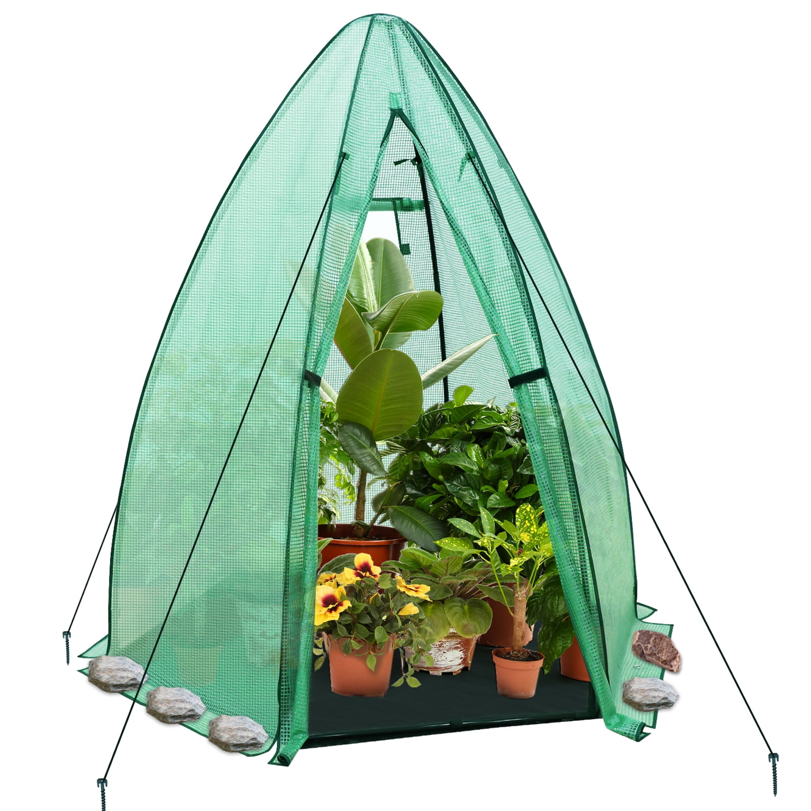 EAGLE PEAK 63'' x 63'' x 72'' Portable Mini Hexagon Greenhouse with PE Cover, Roll-up Zippered Door & Mesh Windows, Ground Mat, Green