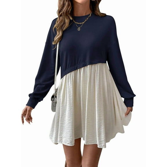 Women'S Color Block Round Neck Long Sleeve Ruffle Hem Casual A Line Short Dress Navy Blue S