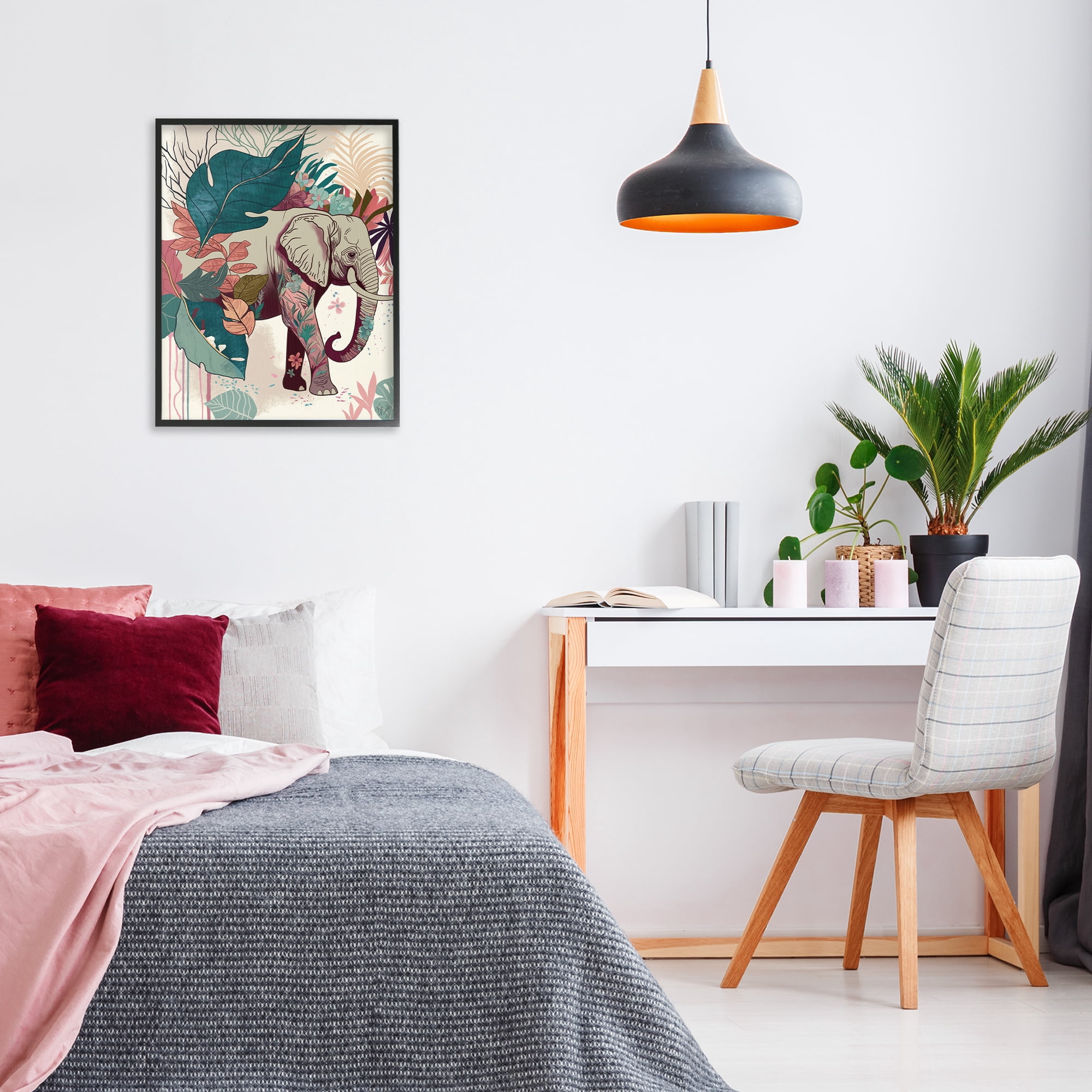 Stupell Industries Elephant & Tropical Leaves Animals & Insects Painting Black Framed Art Print Wall Art, 24 x 30