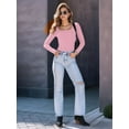thumbnail image 4 of Womens Long Sleeve Shirts Square Neck Tops Ribbed Knit Basic Crop Tops Fall Outfits Fashion Clothes Pink XL, 4 of 8