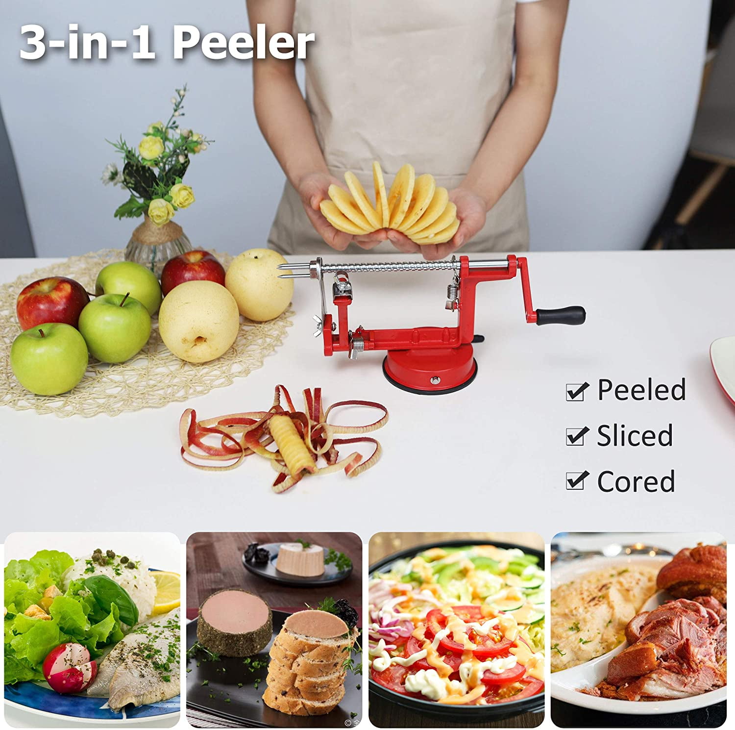 3-in-1 Apple/potato Corer Slicer Peeler Corer Stainless Steel Blades  Hand-cranking Apple Peeler Slicer Peeler (red)