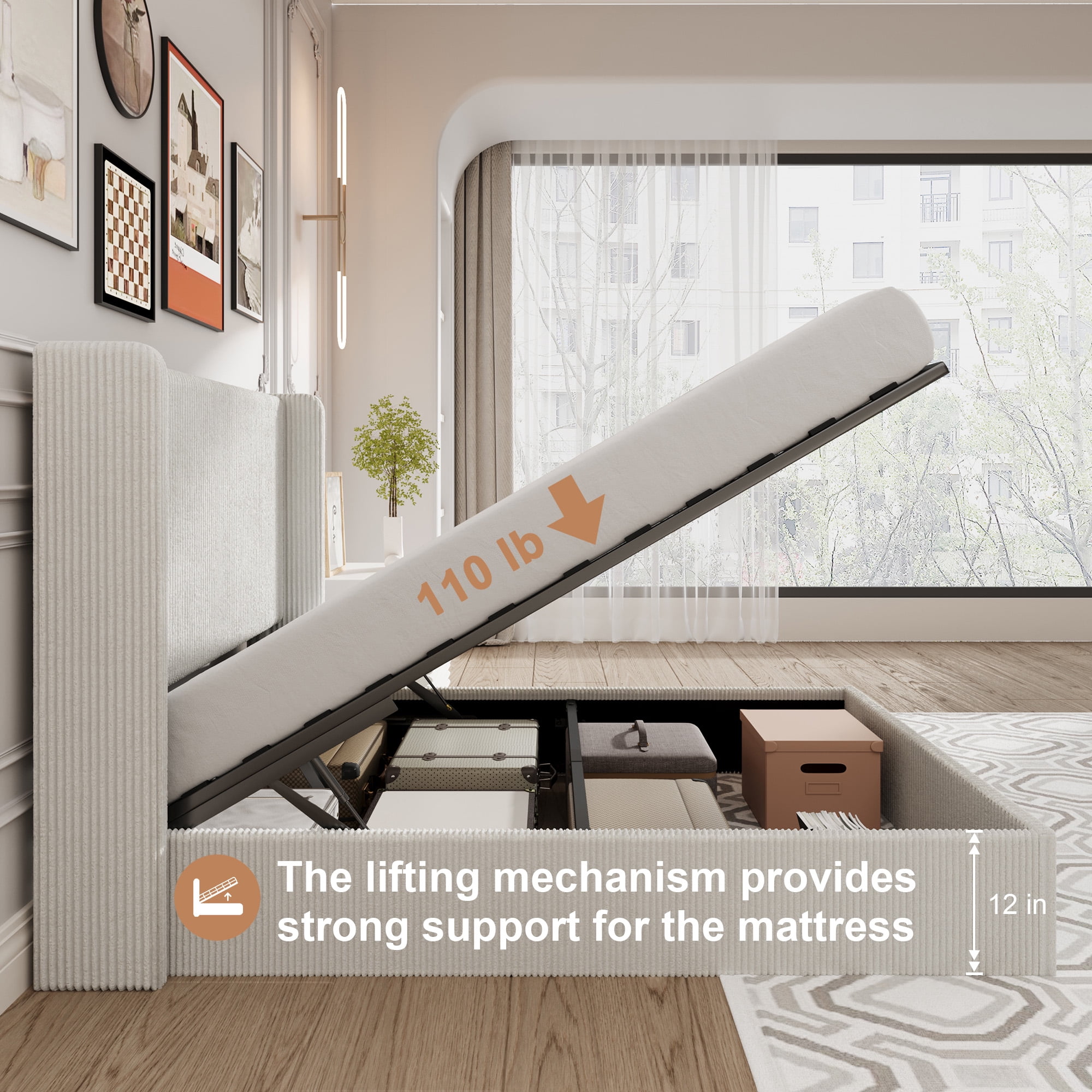 Amolife Full size Hydraulic Lift Storage Bed Frame with Wingback Headboard, Corduroy Upholstery, White