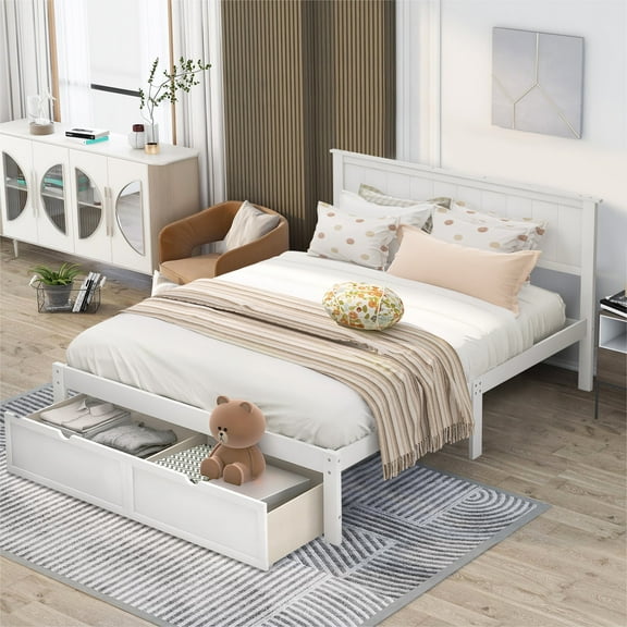 PAPROOS Full Bed with Storage, Heavy Duty Wood Platform Bed Frame with Headboard and Under-bed Drawers, Space Saving, Modern Full Size Bed Frame, No Box Spring Needed, White