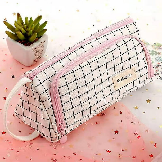 Student Pencil Case Simple Plaid Pencil Case Multi Layer Large Capacity  Cosmetic Travel Storage Bag Stationary Pen Storage Bag