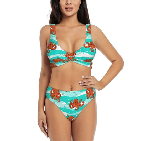 Zeuib Octopuses High Waisted Tummy Control Bikini Set - Knot Front Push Up Top & Cheeky Thong Bottom  Two-Piece Swimsuit for Women-Small