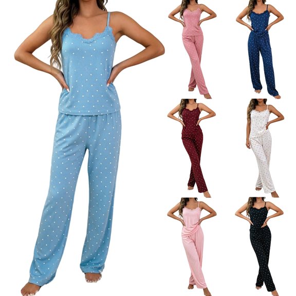 WHEANG Pajamas for Women Set Heart Polka Dot Lace Trim Cami Top & Long Pants Pajama Set 2 PC Soft Lace Sleepwear Loose Fit Womens Pajama Sets for Nightwear Daily Lounge Home Size L Red