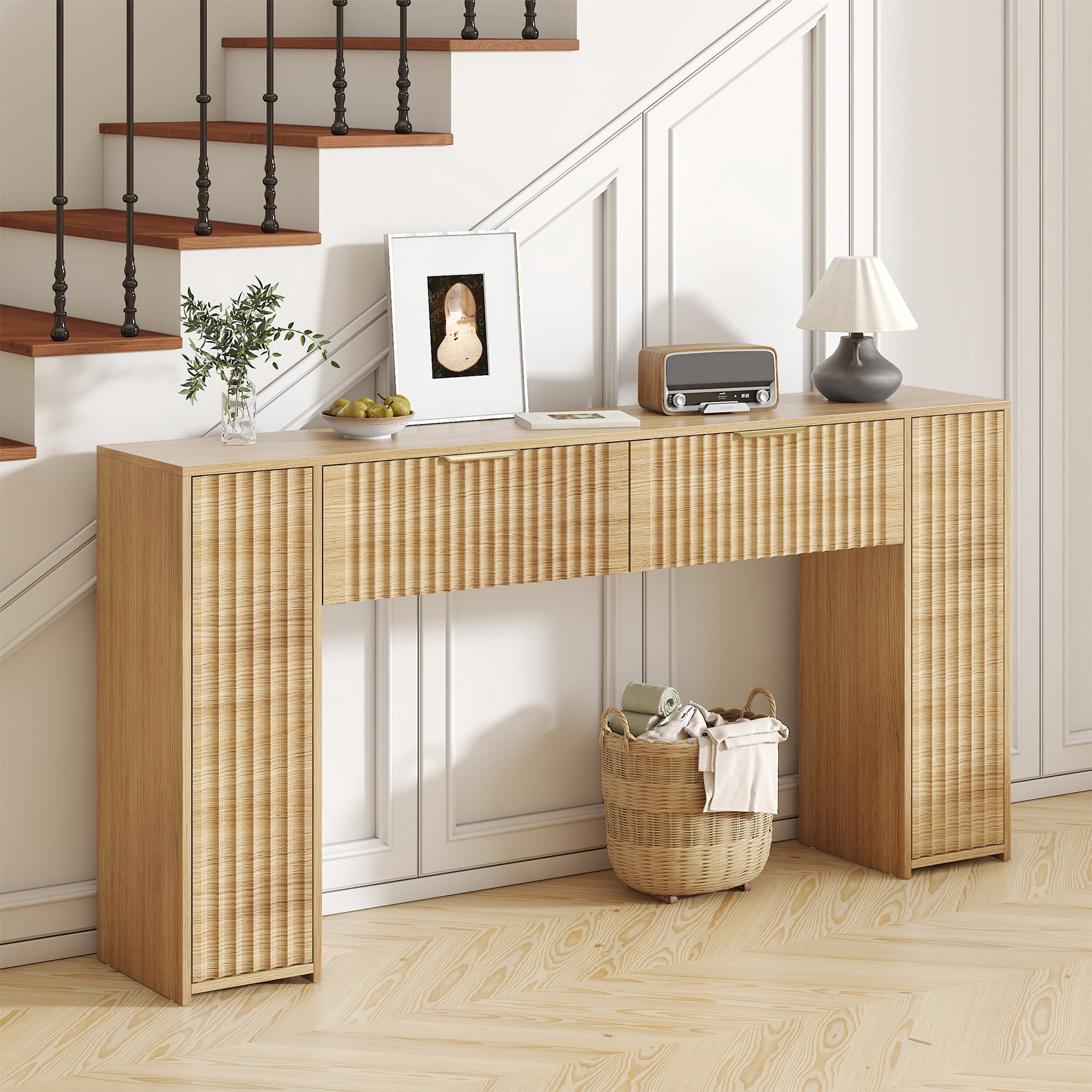 Winkalon 63" Fluted Entryway Console Table, Farmhouse Long Narrow Wooden Sofa Table Behind the Couch for Living Room, Hallway, Entrance, Foyer, Oak