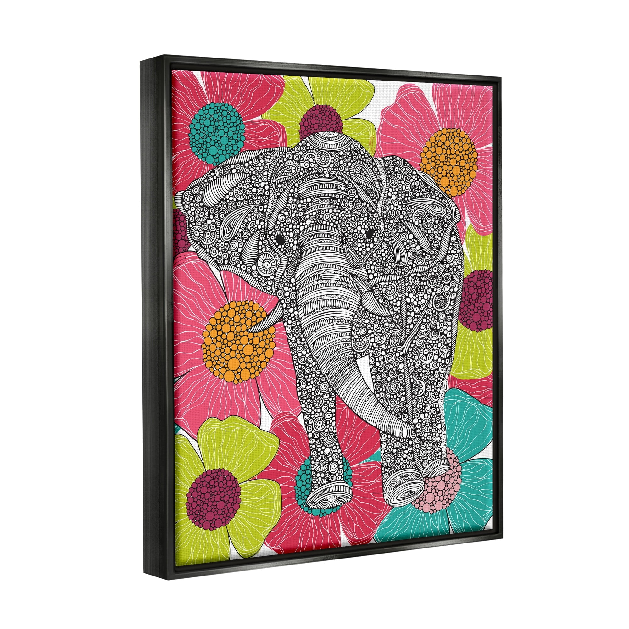 Stupell Industries Bold Modern Elephant Flower Blossoms Intricate Patterns Graphic Art Jet Black Floating Framed Canvas Print Wall Art, Design by Valentina Harper