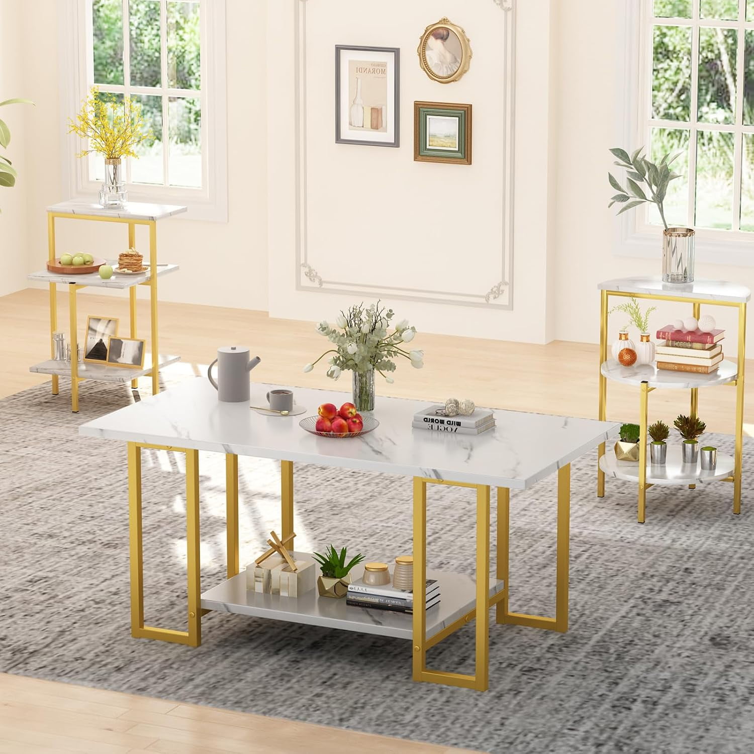 Cvortll Coffee Table Set of 3, Rectangle Faux Marble Tabletop & 2 Tiered Side Tables, Multi-Level Storage for Living Room（White & Golden）