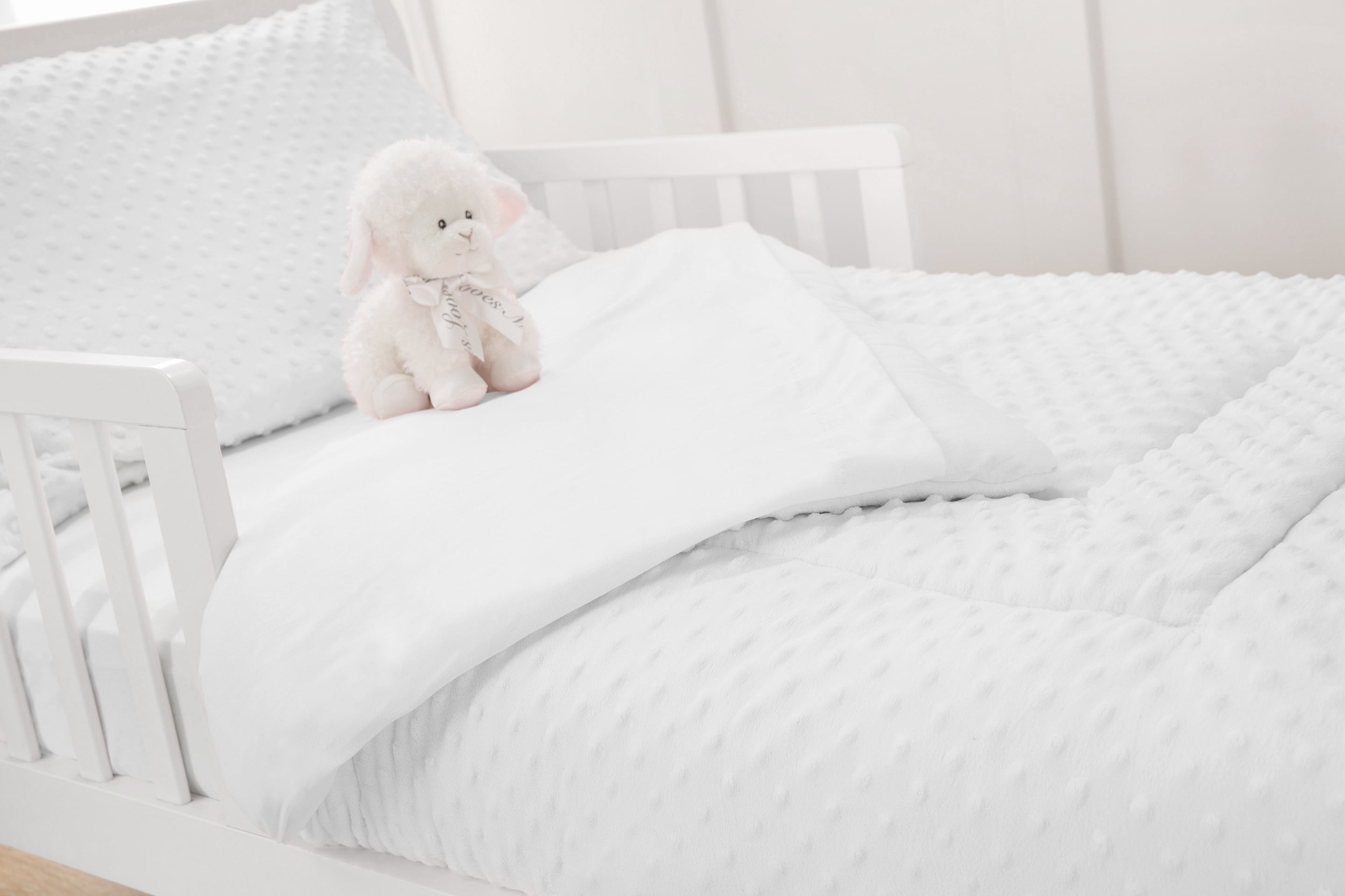 TL Care Minky Dot Chenille 4 Piece Toddler Bed Set, White, for Boys and Girls