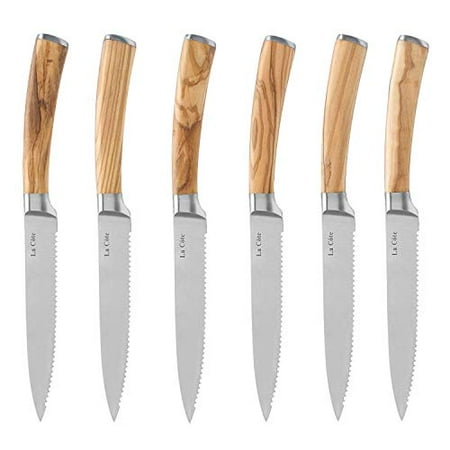 La Cote 6 Piece Steak Knives Set Japanese Stainless Steel Olive Wood Handle In Gift Box (6 PC Steak Knife Set Olive