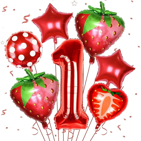 Strawberry Balloons 1th Birthday Decorations for Girl 32 Inch Number for Berry First Birthday Decor (7pcs)
