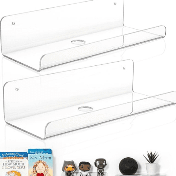 Clear Acrylic Wall Shelf Set of 2, 10" Floating Book Shelves for Wall, Display Floating Wall Shelves for Bathroom, Bedroom, Kitchen