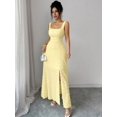 thumbnail image 5 of Pale Yellow Square Neck Sleeveless Textured Knit Maxi Dress With Open Back Bowknot, Elegant Fitted Party Gown, 5 of 8