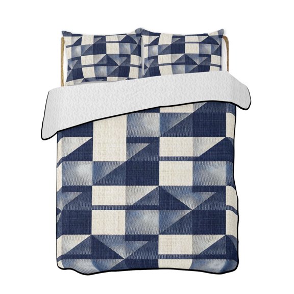 Twin XL Quilt Bedding Set, Navy Blue Geometric Reversible Summer Quilt 3 Pieces, Modern Abstract Art Rustic Lightweight Bedspreads Coverlets with 2 Pillow Shams for All Seasons