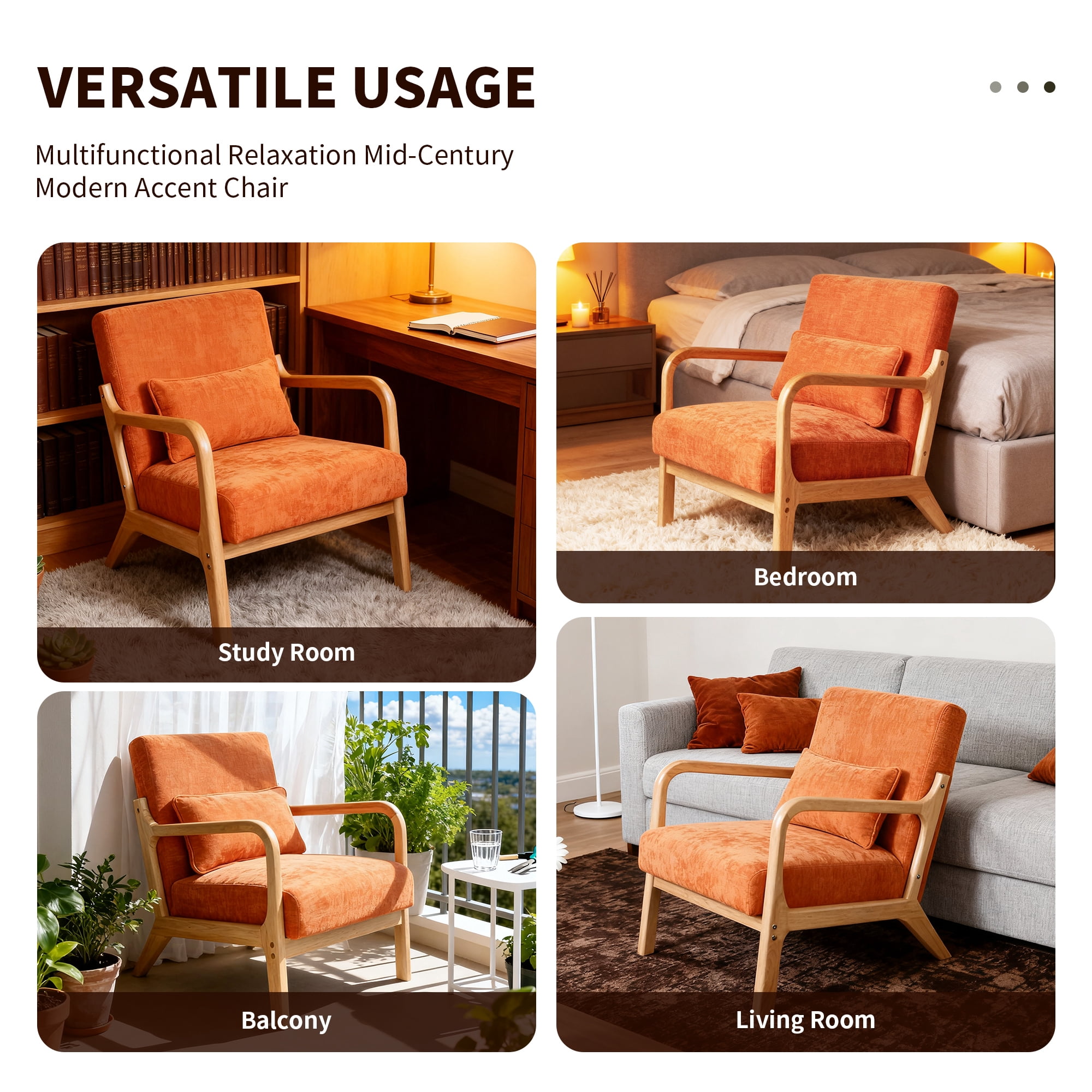 Jopath Accent Chair,Mid Century Modern Armchair with Solid Wood Frame and Detachable Lumbar Pillow for Living Room,Bedroom,Office(Orange)